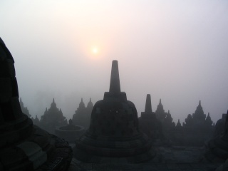 stupas at dawn
