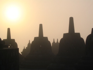stupas at dawn